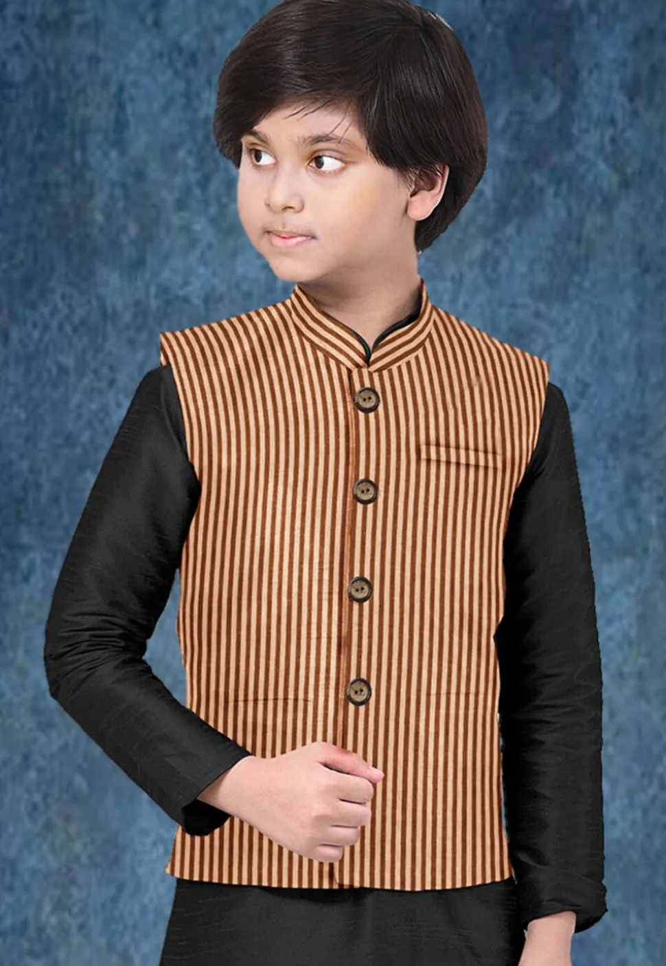 Woven South Cotton Nehru Jacket in Peach
