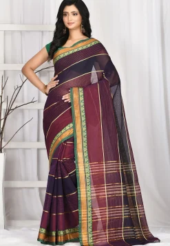 Woven South Cotton Saree in Maroon and Navy Blue