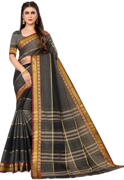 Woven South Cotton Saree in Dark Grey and Black