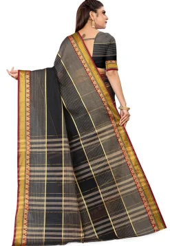 Woven South Cotton Saree in Dark Grey and Black