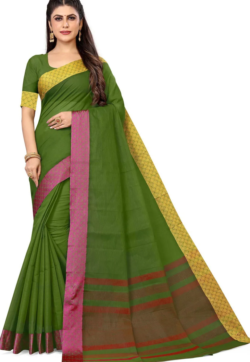 Woven South Cotton Saree in Dark Olive Green
