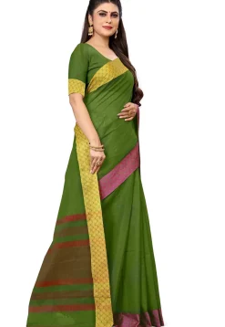 Woven South Cotton Saree in Dark Olive Green