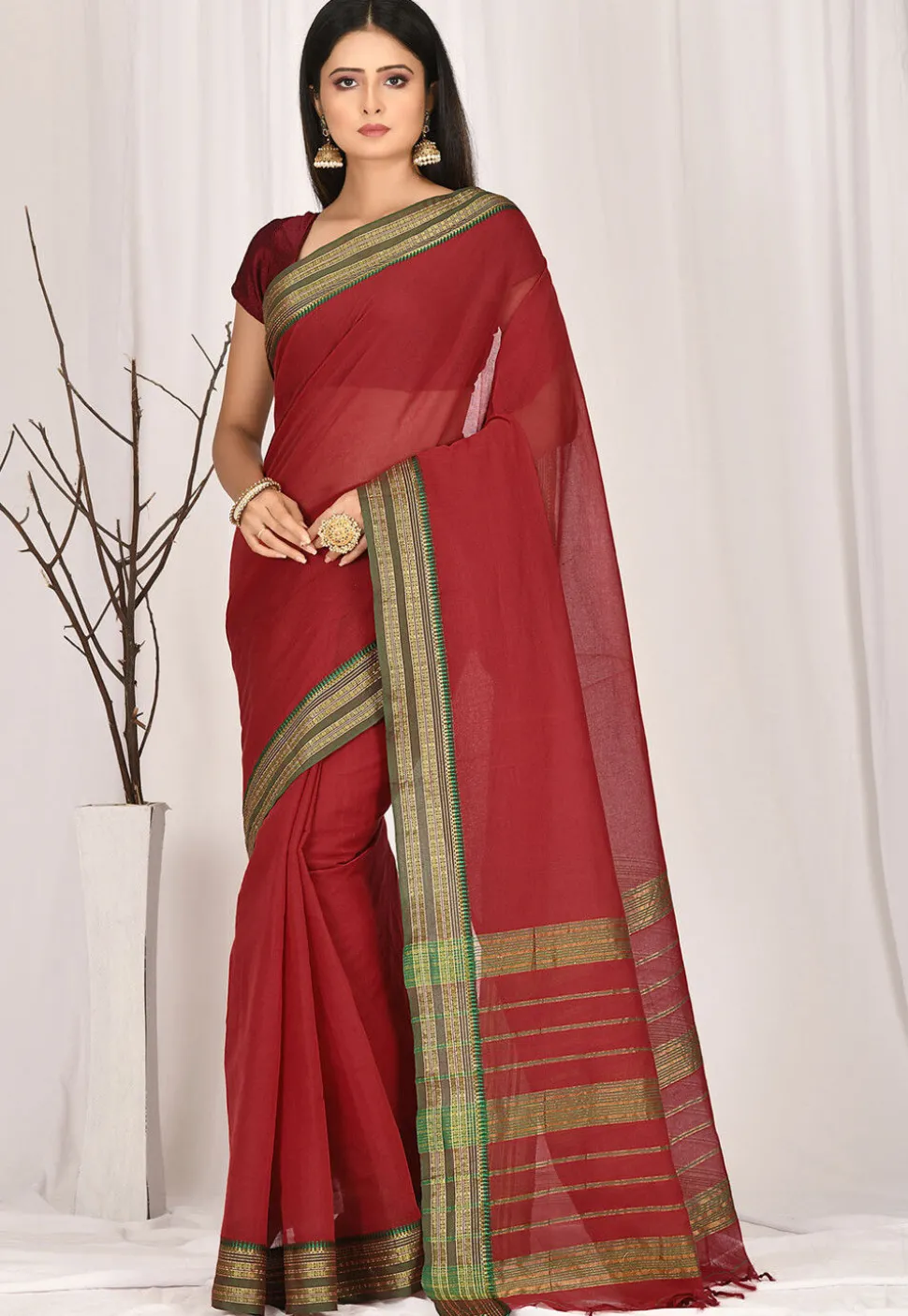 Woven South Cotton Saree in Maroon