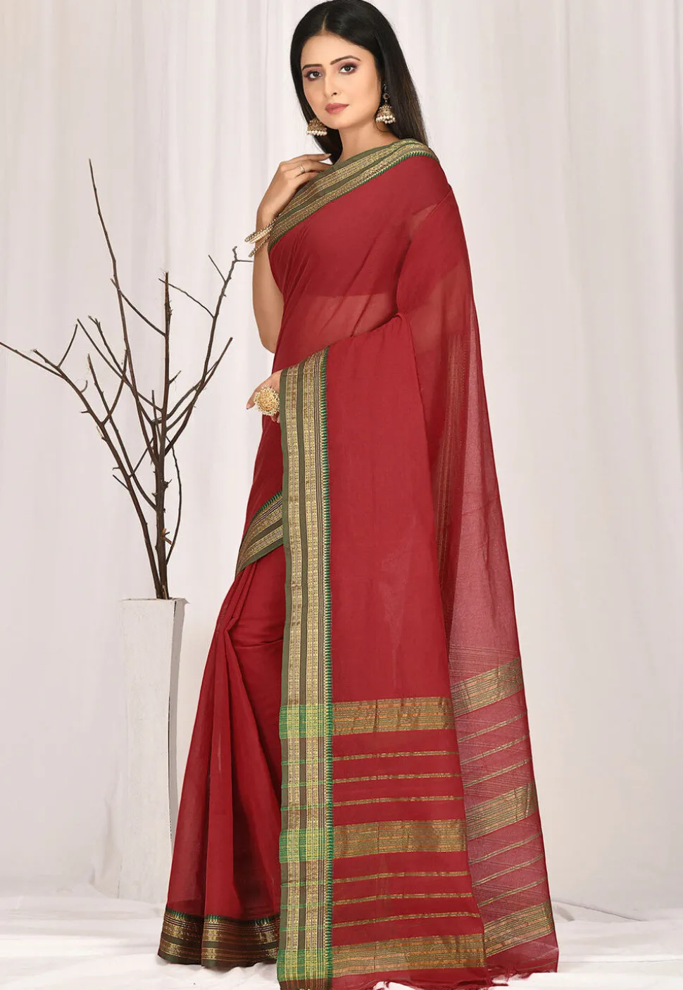 Woven South Cotton Saree in Maroon