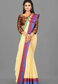 Woven South Cotton Saree in Light Beige