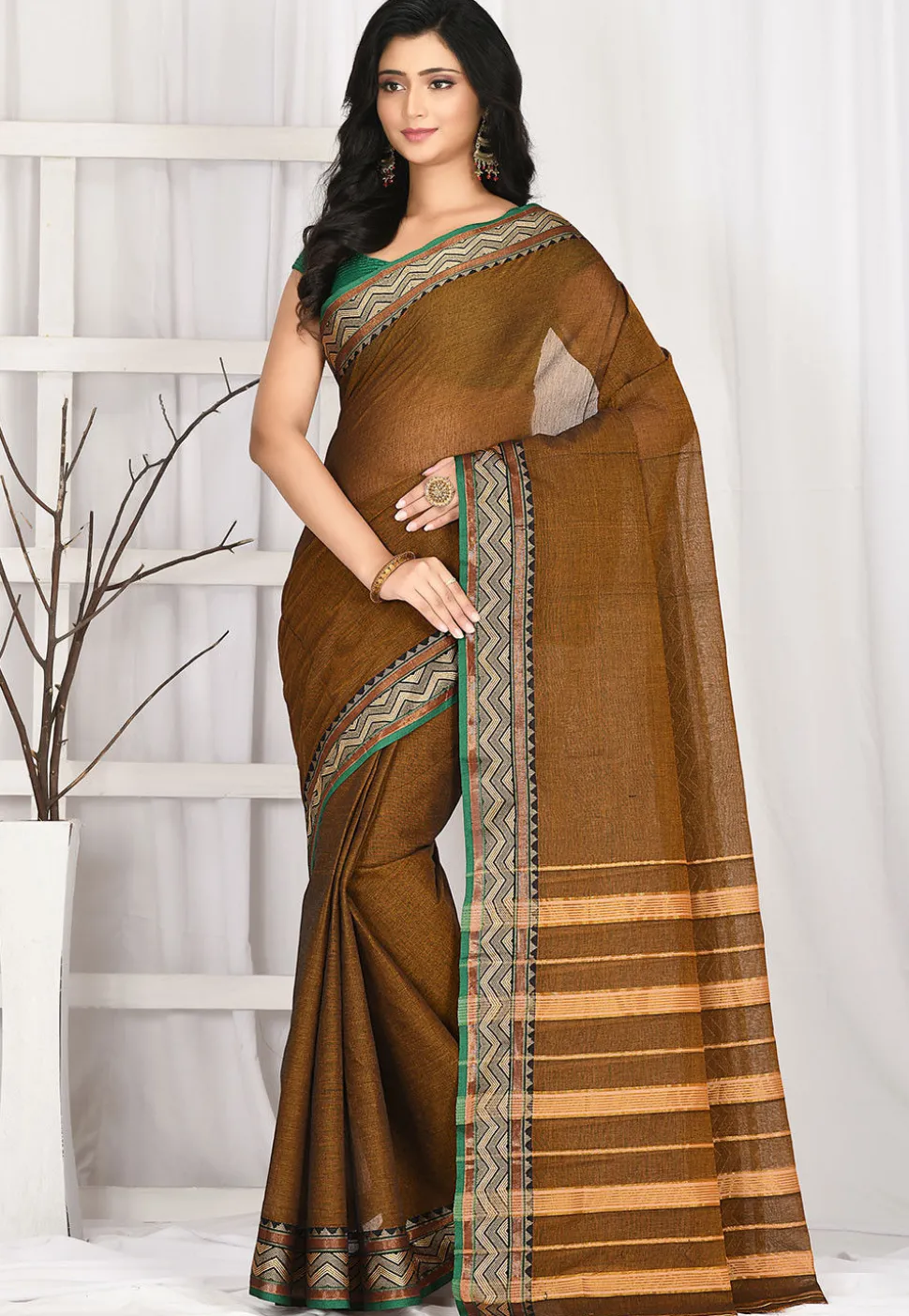 Woven South Cotton Saree in Dark Beige