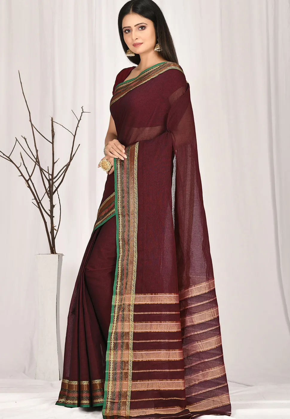 Woven South Cotton Saree in Maroon