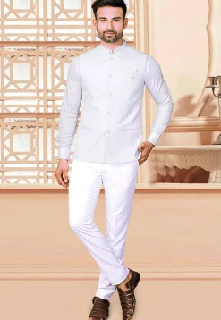 Woven Terry Rayon Bandhgala in Off White