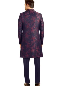 Woven Terry Rayon Jacket Style Sherwani in Peach and Navy Blue