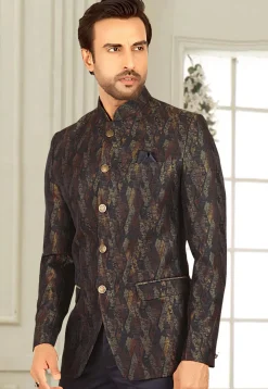 Woven Terry Rayon Jacquard Jodhpuri Jacket in Navy Blue