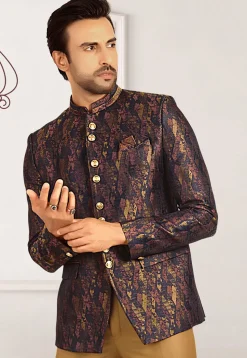 Woven Terry Rayon Jacquard Jodhpuri Jacket in Navy Blue