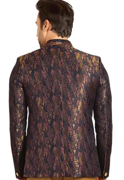 Woven Terry Rayon Jacquard Jodhpuri Jacket in Navy Blue