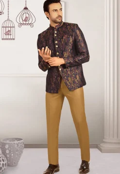 Woven Terry Rayon Jacquard Jodhpuri Jacket in Navy Blue