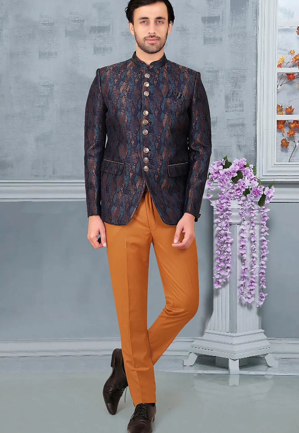 Woven Terry Rayon Jacquard Jodhpuri Suit in Multicolor