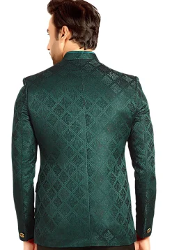 Woven Terry Rayon Jacquard Jodhpuri Jacket in Teal Green