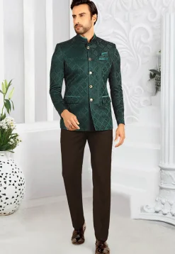 Woven Terry Rayon Jacquard Jodhpuri Jacket in Teal Green