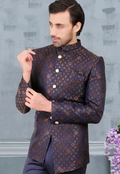 Woven Terry Rayon Jacquard Jodhpuri Jacket in Navy Blue and Golden