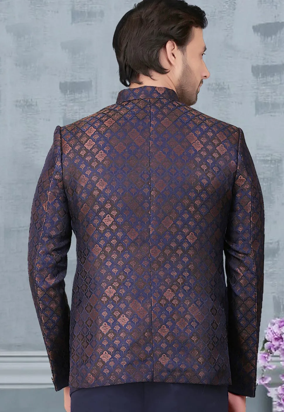 Woven Terry Rayon Jacquard Jodhpuri Jacket in Navy Blue and Golden