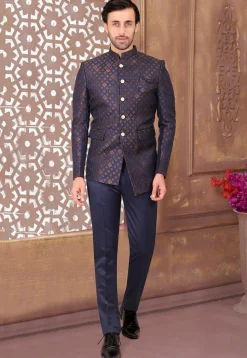 Woven Terry Rayon Jacquard Jodhpuri Jacket in Navy Blue and Golden