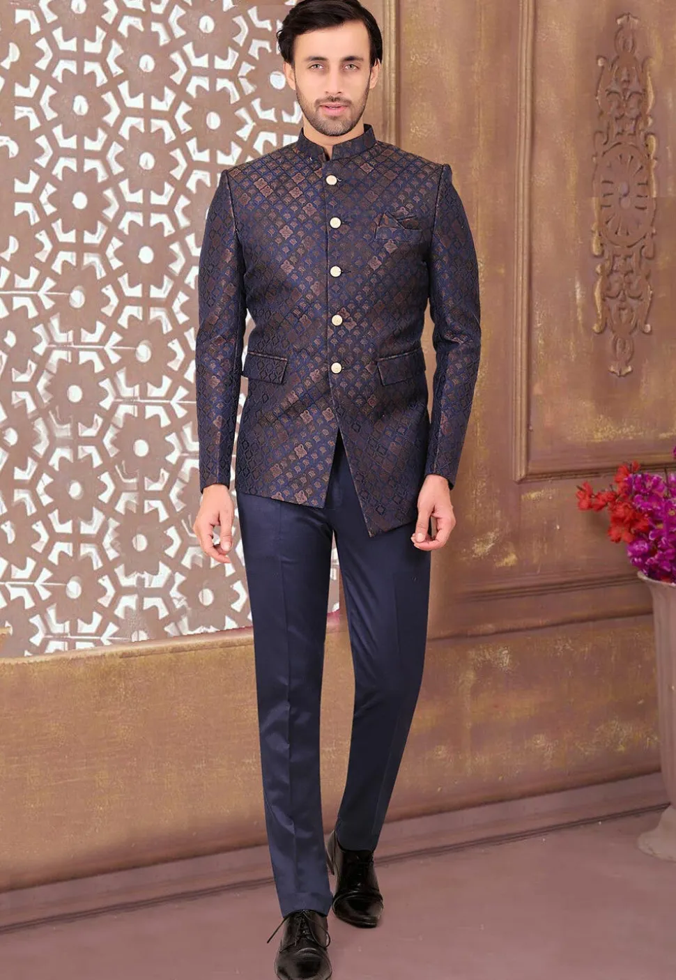 Woven Terry Rayon Jacquard Jodhpuri Jacket in Navy Blue and Golden