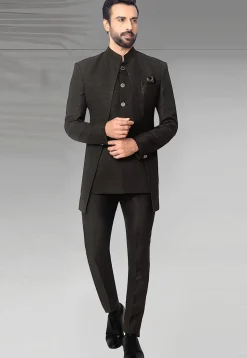 Woven Terry Rayon Jacquard Jodhpuri Suit in Black