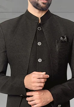 Woven Terry Rayon Jacquard Jodhpuri Suit in Black