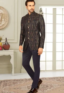 Woven Terry Rayon Jacquard Jodhpuri Suit in Navy Blue
