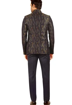 Woven Terry Rayon Jacquard Jodhpuri Suit in Navy Blue
