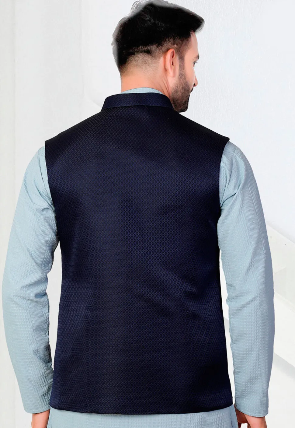Woven Terry Rayon Jacquard Nehru Jacket in Navy Blue
