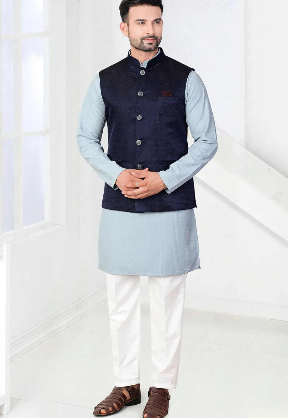 Woven Terry Rayon Jacquard Nehru Jacket in Navy Blue