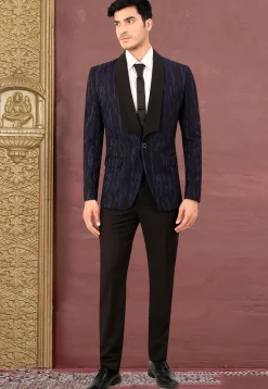 Woven Terry Rayon Jacquard Blazer in Navy Blue
