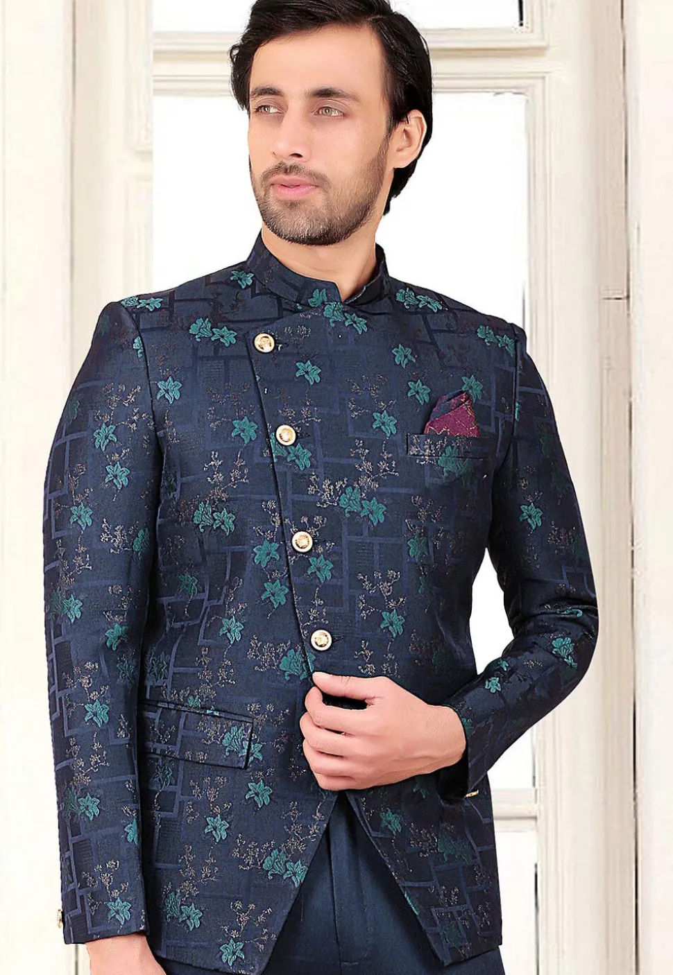 Woven Terry Rayon Jacquard Jodhpuri Jacket in Navy Blue