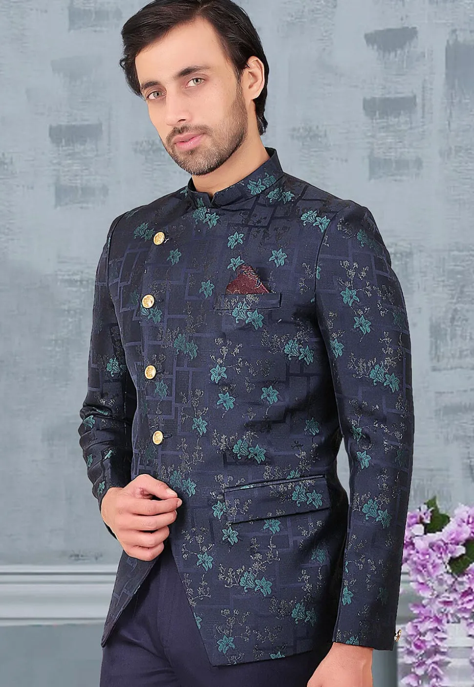 Woven Terry Rayon Jacquard Jodhpuri Jacket in Navy Blue