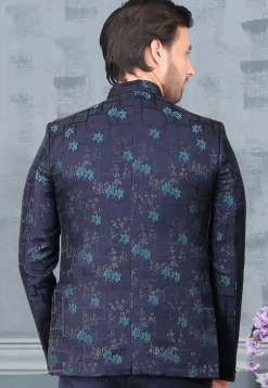 Woven Terry Rayon Jacquard Jodhpuri Jacket in Navy Blue
