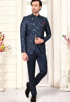 Woven Terry Rayon Jacquard Jodhpuri Jacket in Navy Blue