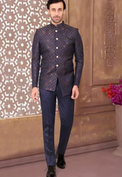 Woven Terry Rayon Jacquard Jodhpuri Suit in Navy Blue and Golden