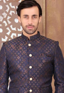 Woven Terry Rayon Jacquard Jodhpuri Suit in Navy Blue and Golden