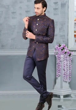 Woven Terry Rayon Jacquard Jodhpuri Suit in Navy Blue and Golden