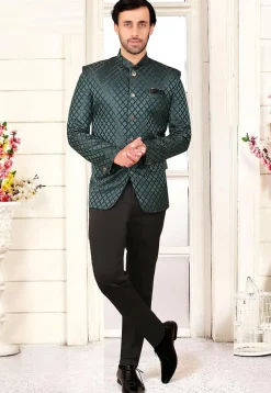 Woven Terry Rayon Jacquard Jodhpuri Suit in Teal Green