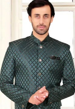 Woven Terry Rayon Jacquard Jodhpuri Suit in Teal Green