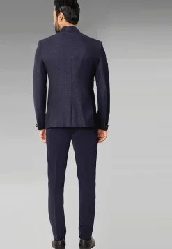 Woven Terry Rayon Jacquard Layered Jodhpuri Suit in Navy Blue
