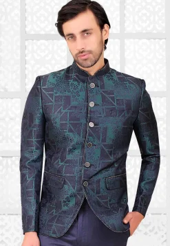 Woven Terry Rayon Jacquard Jodhpuri Jacket in Blue