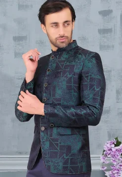 Woven Terry Rayon Jacquard Jodhpuri Jacket in Blue