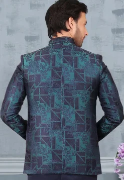 Woven Terry Rayon Jacquard Jodhpuri Jacket in Blue