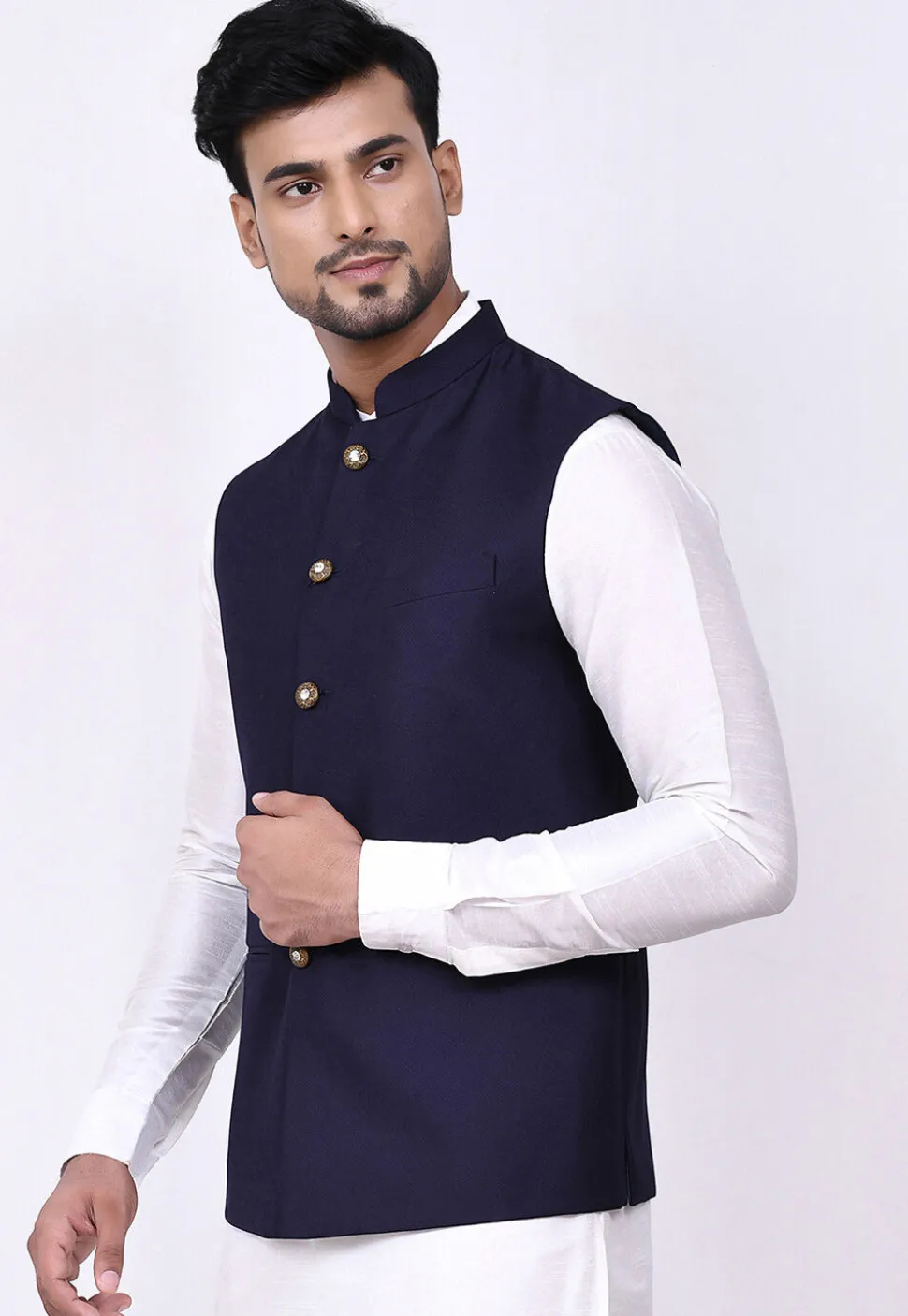Woven Terry Rayon Jacquard Nehru Jacket in Navy Blue