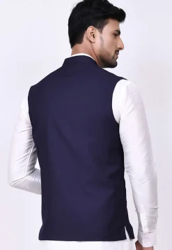 Woven Terry Rayon Jacquard Nehru Jacket in Navy Blue