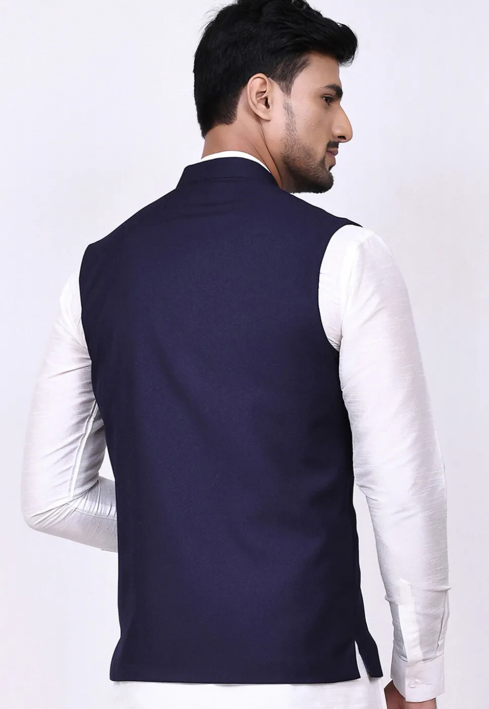Woven Terry Rayon Jacquard Nehru Jacket in Navy Blue