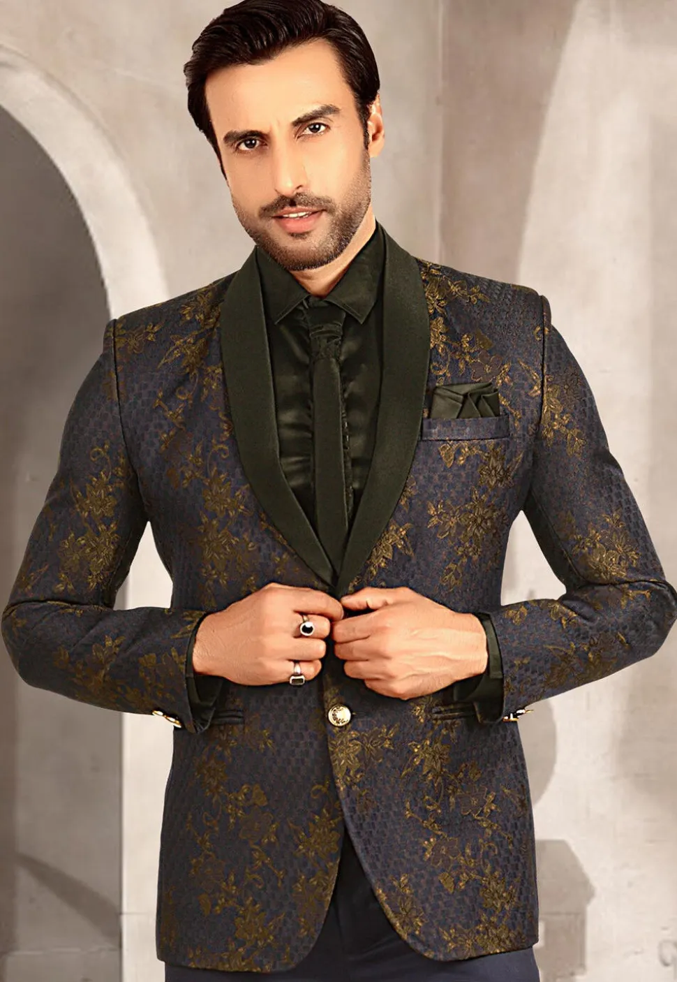 Woven Terry Rayon Jacquard Tuxedo in Navy Blue