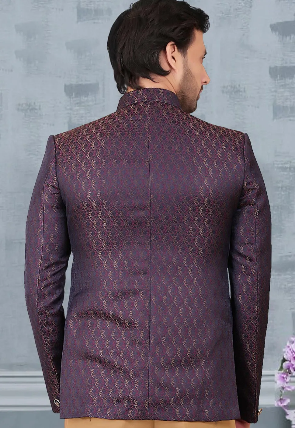 Woven Terry Rayon Jacquard Jodhpuri Jacket in Navy Blue and Maroon