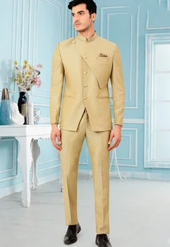Woven Terry Rayon Jacquard Jodhpuri Suit in Beige
